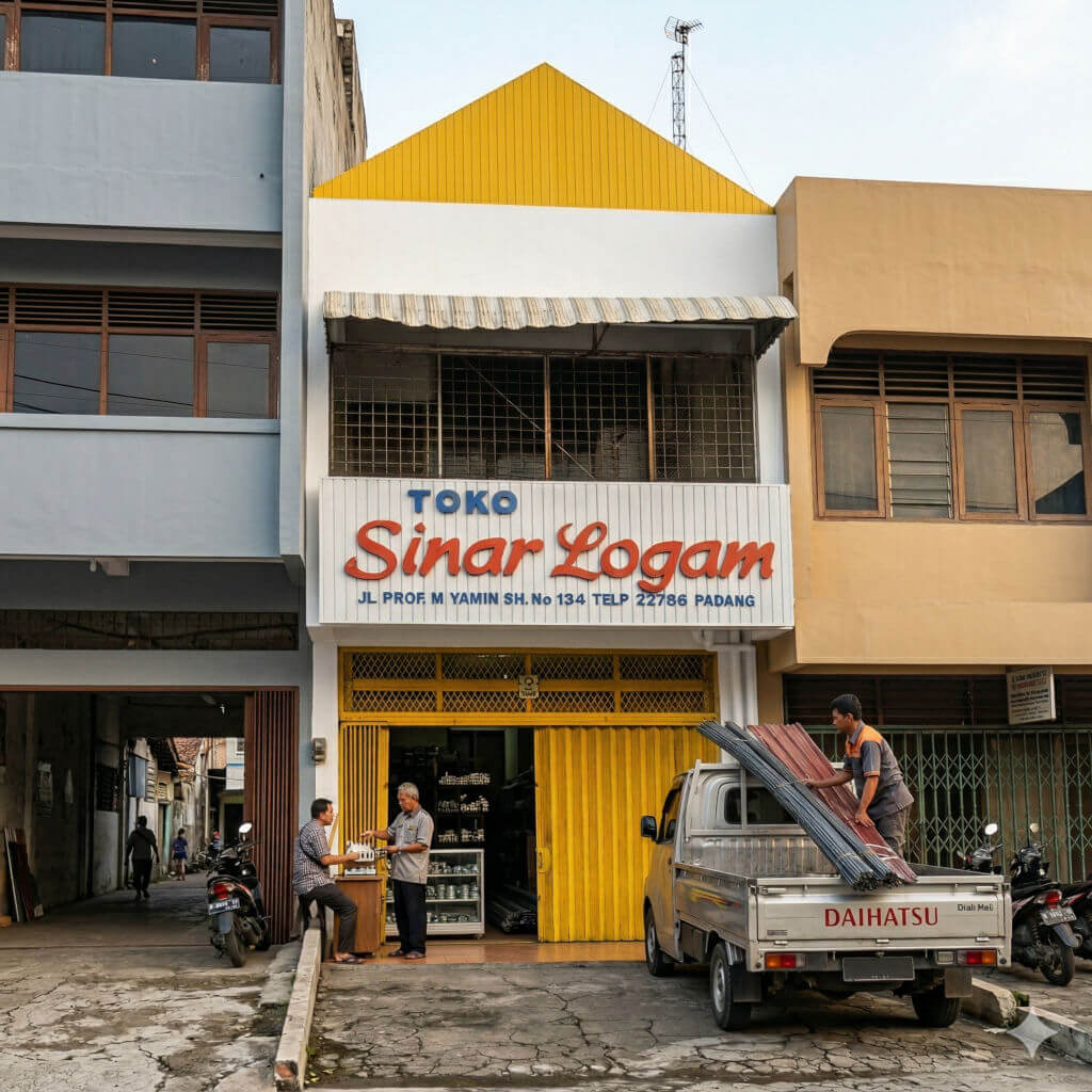 Toko CV Sinar Logam Jaya - Distributor Material Bangunan Padang dengan aktivitas bongkar muat dan pelayanan pelanggan
